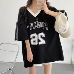 Number Print V-Neck Oversized T-shirt