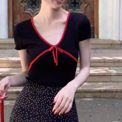 V-Neck Bow Knot Short Sleeve Coquette Tee