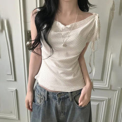 Polka Dot Print Off Shoulder Short Sleeve Tee