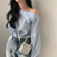 Solid Color Off-shoulder Oversized Long Sleeve Tee