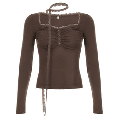 Lace Trim Square Collar Lace Ribbon Long Sleeve Tee