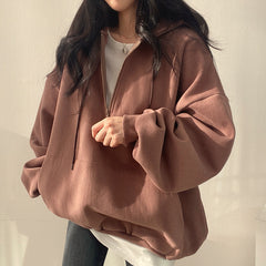 Solid Color Half Zip Up Oversized Hoodie - fairypeony