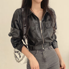 Collared Plain Faux Leather Zip Jacket