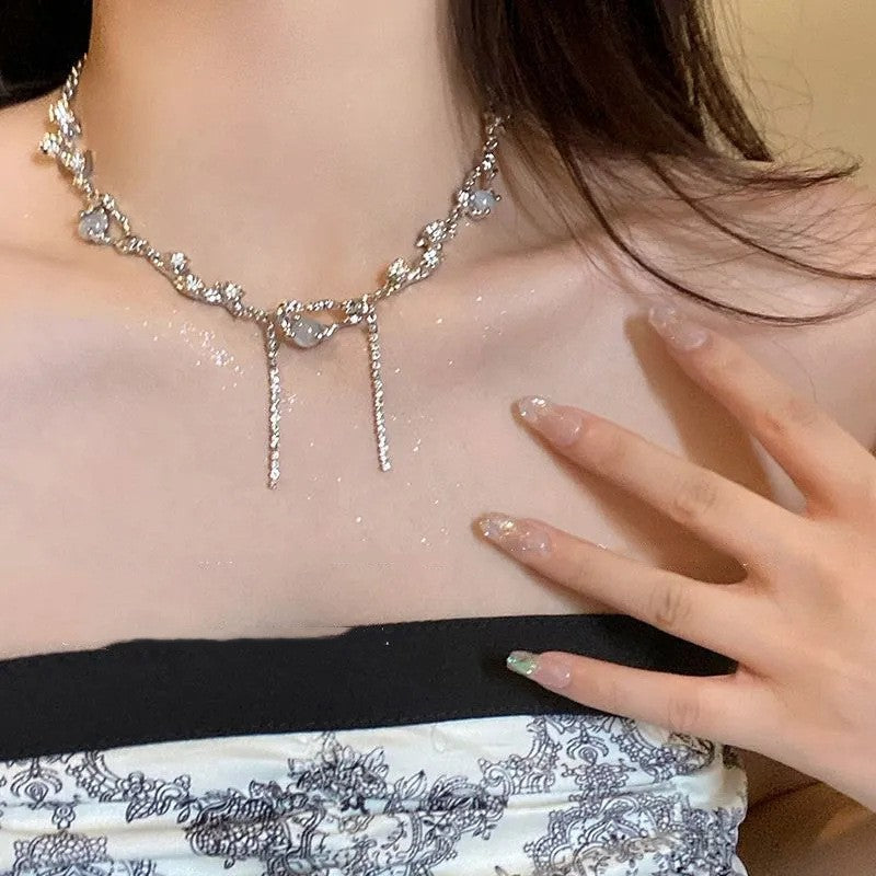 Pearl and Rhinestone Pendant Necklace - fairypeony
