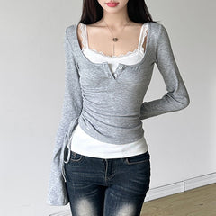Solid Color Patchwork Stitching Side Long Sleeve Tee