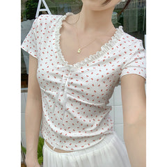 Ruffled V-neck Bow Print Short Sleeve Tee