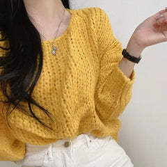 Solid Color Round Neck Knitted Crochet Sweater