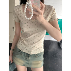 Lace Trim Round Neck Bow Floral Print Tee