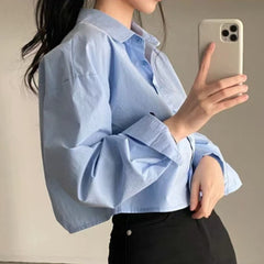 Solid Color Long Sleeve Crop Blouse