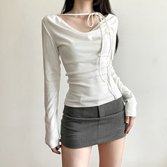 Solid Collar Neck Tie Long Sleeve Knitted Tee