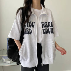 Letter Print Loose Zip Up Short Sleeve Tee