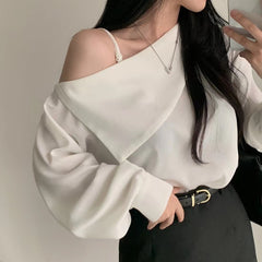 Solid Color Off-shoulder Long Sleeve Tee