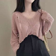 Solid Color Thin Knitted Long Sleeve Tee