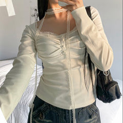 Lace Trim Square Collar Lace Ribbon Long Sleeve Tee