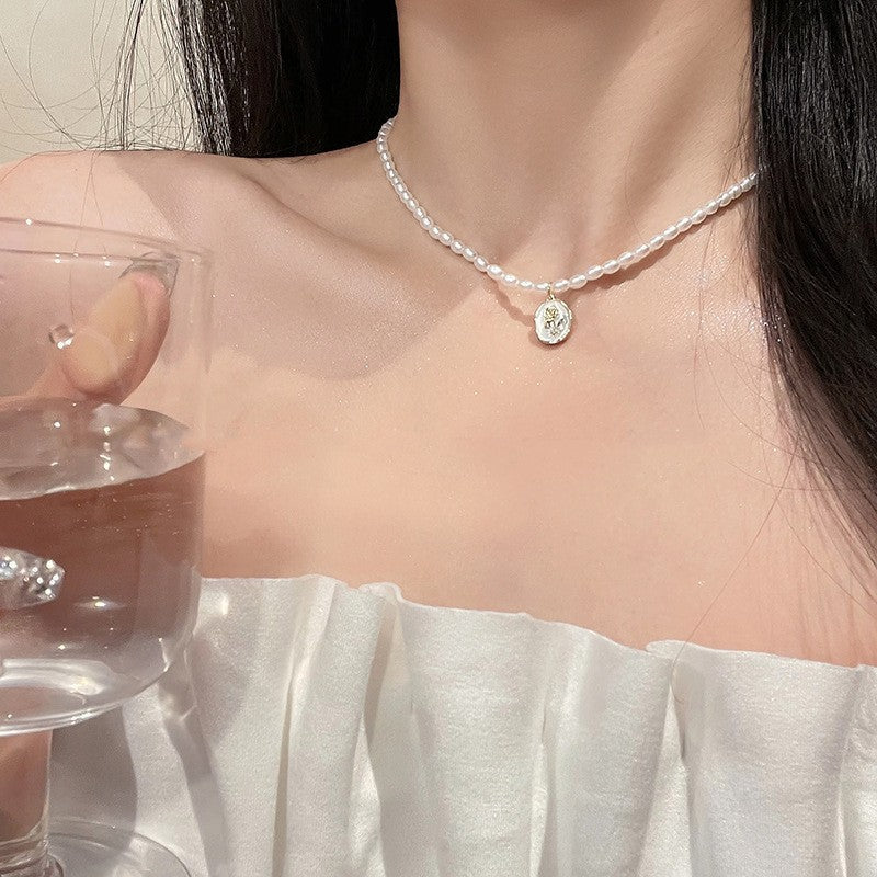 Pearl and Rhinestone Pendant Necklace - fairypeony