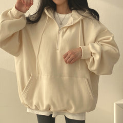 Solid Color Half Zip Up Oversized Hoodie - fairypeony