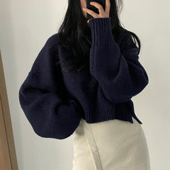 Dark Academia Solid Color High Neck Sweater