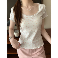 Lace Trim Round Neck Bow Floral Print Tee