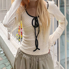 Round Neck Polka Dot Tie Knot Long Sleeve Tee