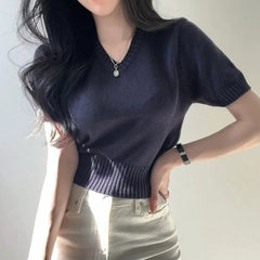 V-neck Solid Color Short Sleeve Knitted Tee