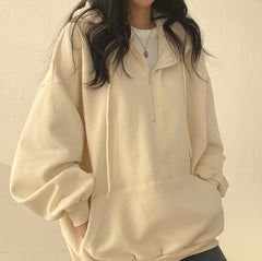 Solid Color Half Zip Up Oversized Hoodie - fairypeony
