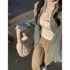 Vintage Checkered Oversized Long Sleeve Blouse