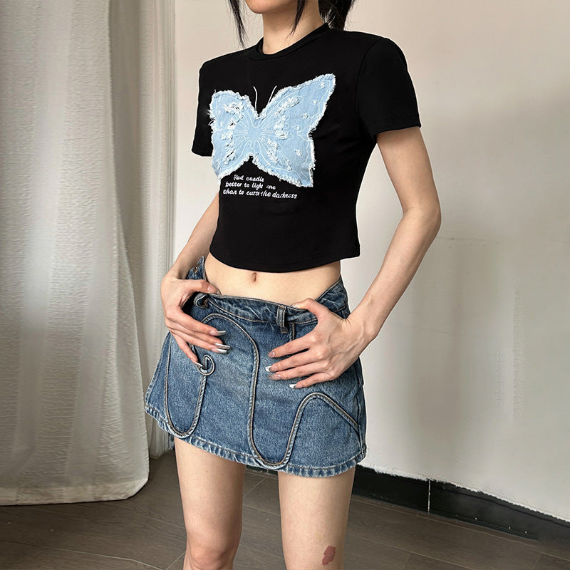 Vintage Butterfly Patchwork Short Sleeve Tee - fairypeony