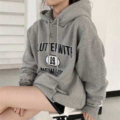 Solid Color Embroidered Letter Loose Hoodie