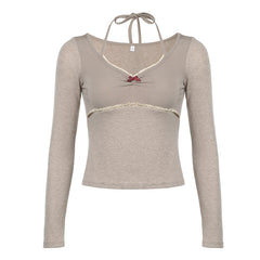 Aesthetic Halter Neck Bow Long Sleeve Tee