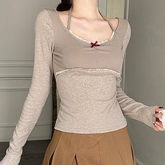 Aesthetic Halter Neck Bow Long Sleeve Tee