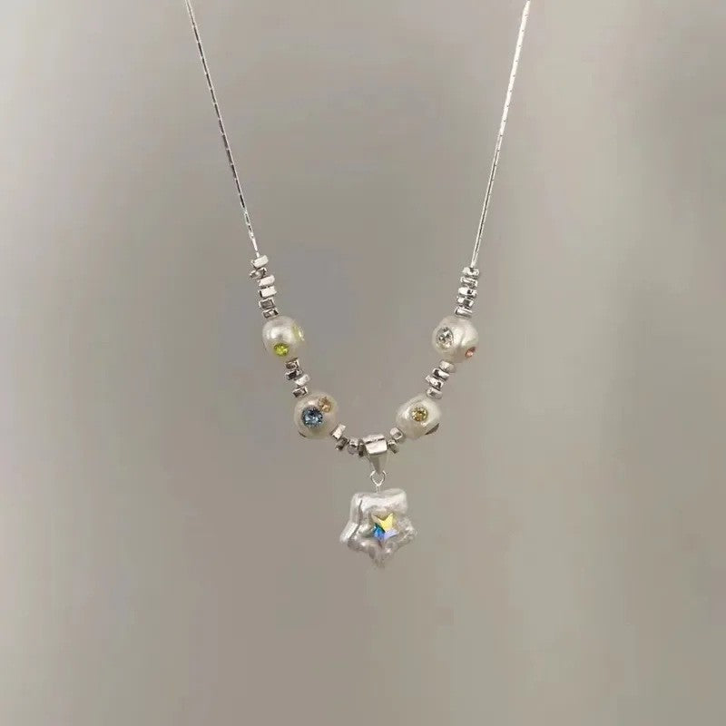 Pearl and Rhinestone Pendant Necklace - fairypeony