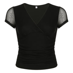 Solid Color Deep Cross V-Neck Short Sleeve Tee