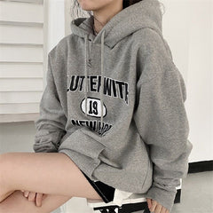 Solid Color Embroidered Letter Loose Hoodie