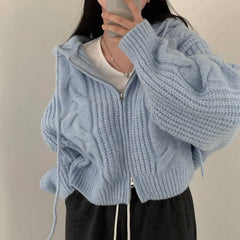 Cable Knit Hooded Zip Up Knitted Cardigan