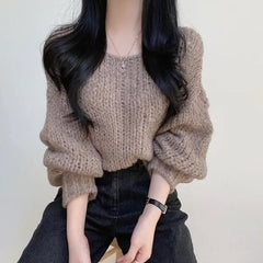 Solid Color Round Neck Knitted Crochet Sweater
