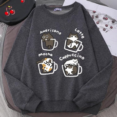 Coffee Cute Kitten Print Oversized Sweatshirt