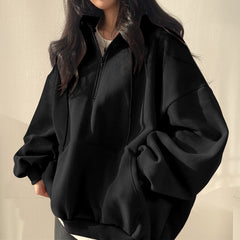 Solid Color Half Zip Up Oversized Hoodie - fairypeony