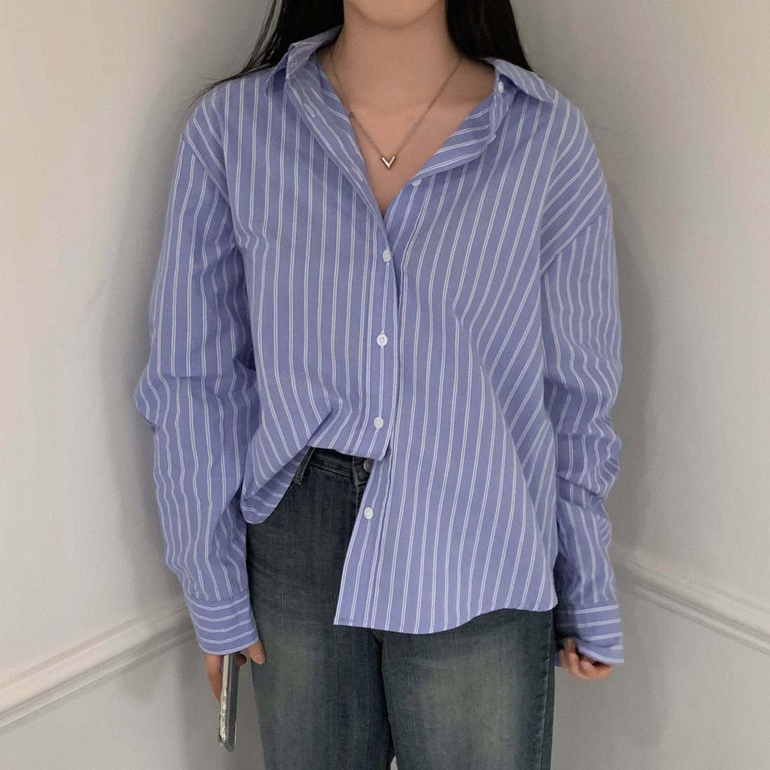 Vintage Striped Long Sleeve Loose Blouse - fairypeony
