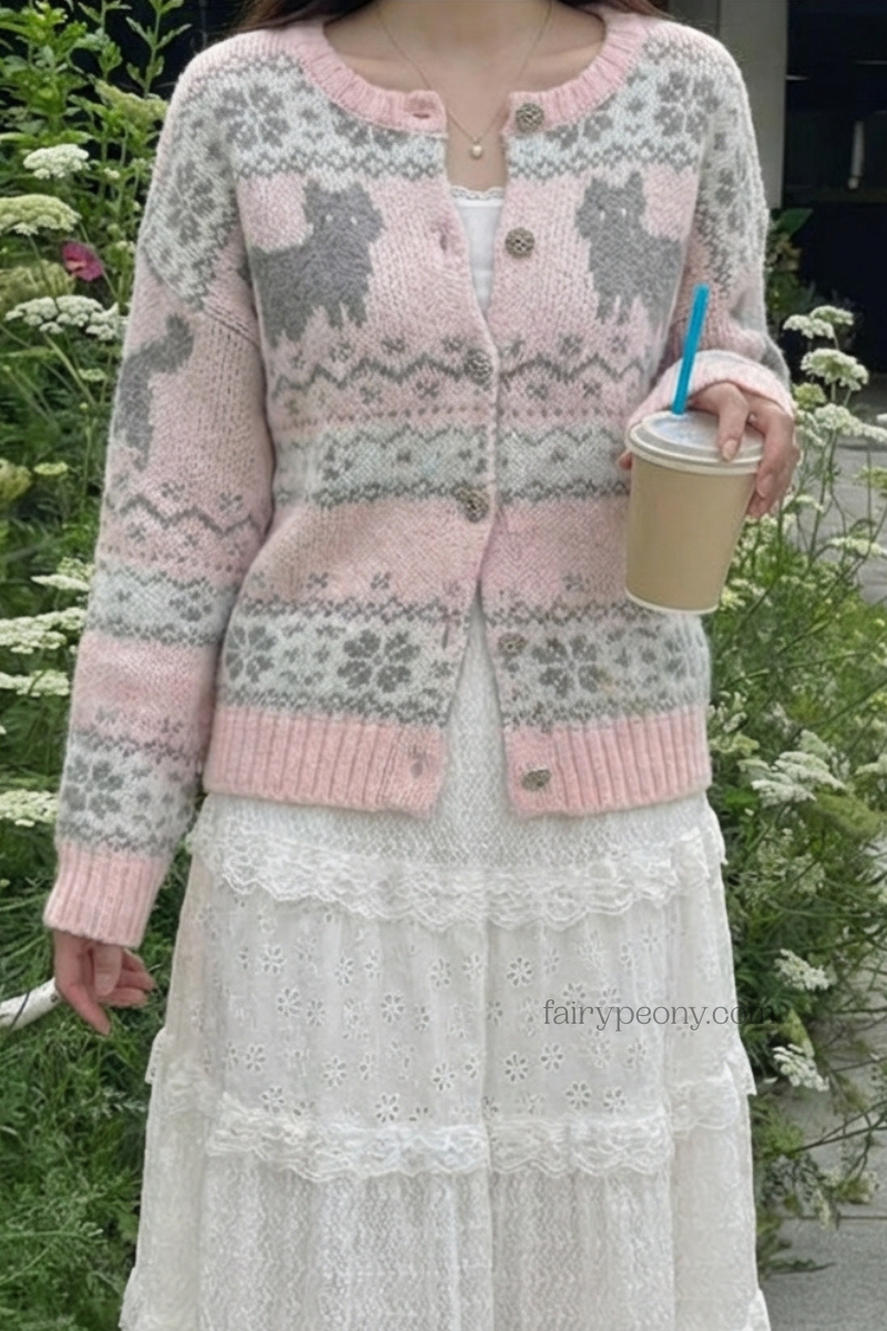 Person wearing a pink patterned cardigan holding a drink outdoors.