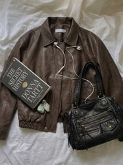 OOTD: Basic PU Mid-Length Leather Jacket + Vintage Bronze Multi-Zipper Motorcycle Bag