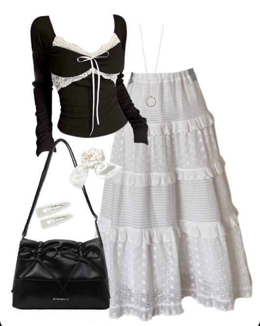 OOTD: Bow Knot Long Sleeve Tee + Maxi Skirt + Aesthetic Bow Shoulder Bag