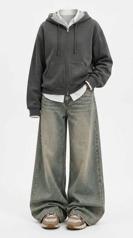 OOTD: Boxy Heavyweight Hooded Cardigan Jacket + Mid-Waist Distressed Wash Straight Jeans - fairypeony