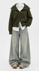 OOTD: Buttoned Hooded Cardigan Sweater + Straight-Leg High-Waist Wide Jeans