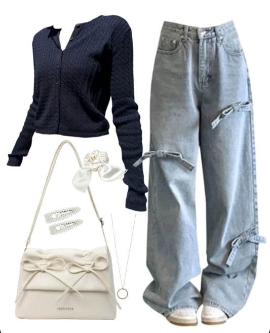 OOTD: Cable Knit Cardigan + Bow Jeans + Aesthetic Bow Shoulder Bag
