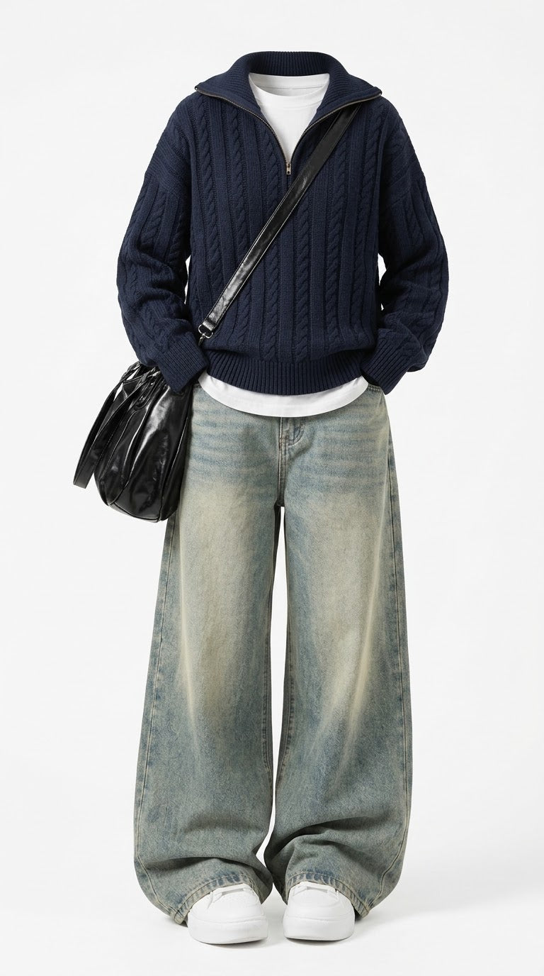 A model wearing a navy blue cable-knit zip-up sweater, wide-leg faded blue jeans, white sneakers, and carrying a black leather shoulder bag, photographed against a plain white studio background.