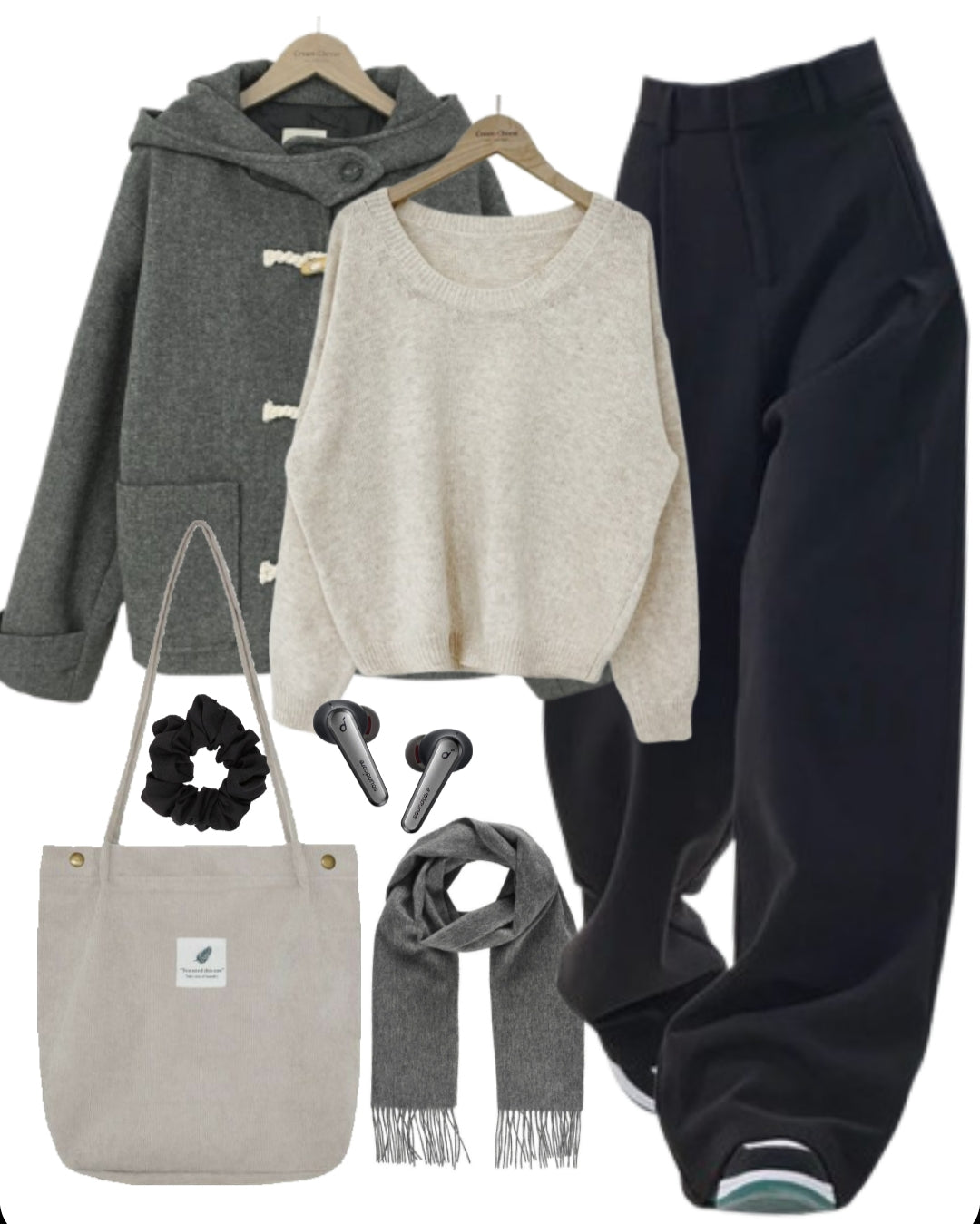 OOTD: Hooded Coat + Round Neck Sweater + Suit Pants + Tote Bag - fairypeony