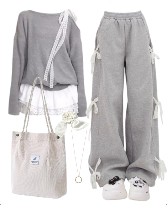 OOTD: Lace Tie Knitted Tee + Bow Tie Sweatpants + Corduroy Tote Bag - fairypeony