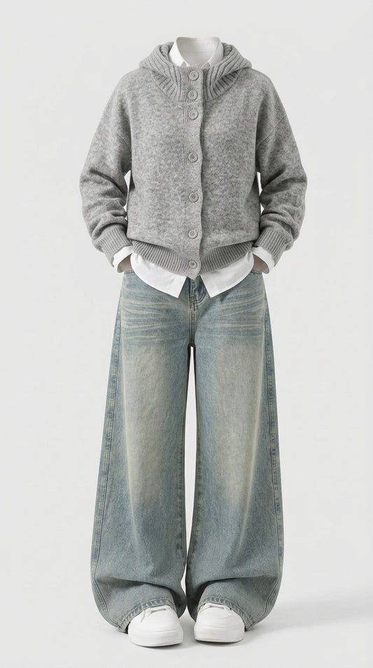 OOTD: Loose Fit Korean Knit Cardigan + High-Stretch Retro Hip-Hop Denim - fairypeony
