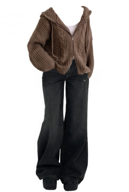 Brown knitted cardigan and black bell-bottom pants on a white background