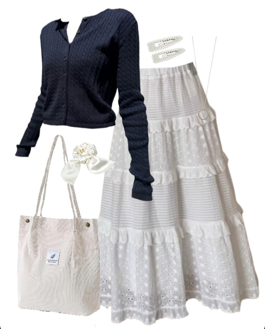 OOTD: Round Neck Cardigan + Patchwork Maxi Skirt + Tote Bag